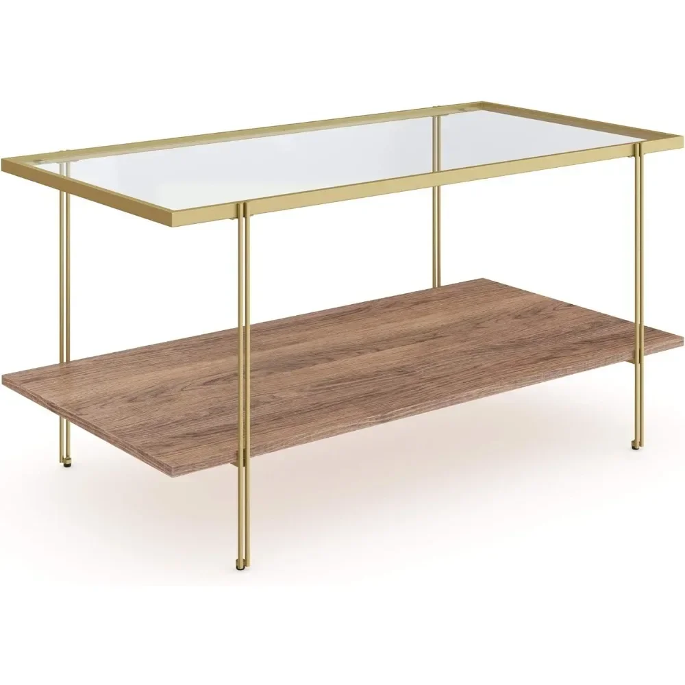 Mid-Century Rectangle Coffee Table Glass Top and Rustic Oak Storage Shelf with Sleek Brass Metal Legs, Suitable for Living Room