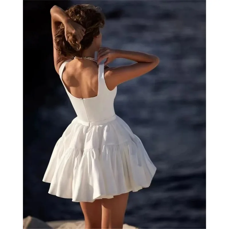 

2024 summer new, light luxury French white strap, dress Simple thick satin wide shoulder mini dress Party formal dress,