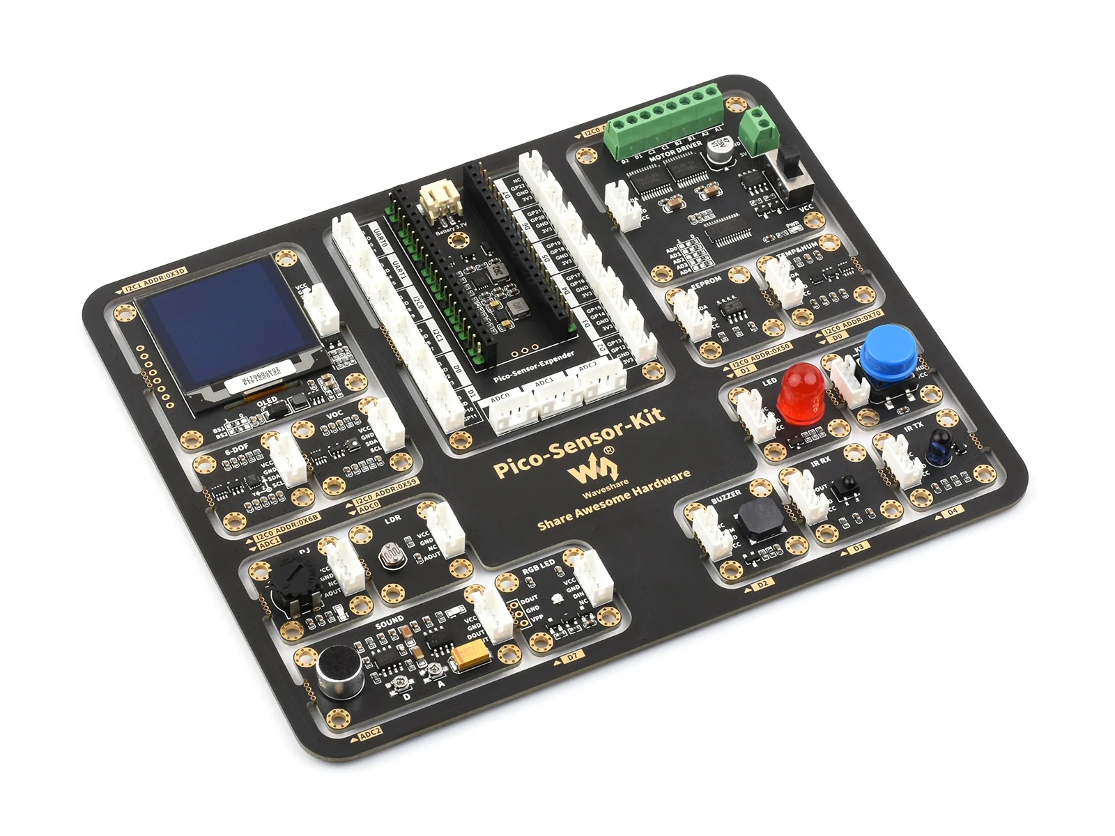 

Raspberry Pi Pico Entry-Level Sensor Kit, Including Pico Expansion Board and 15 common modules, All-in-one design