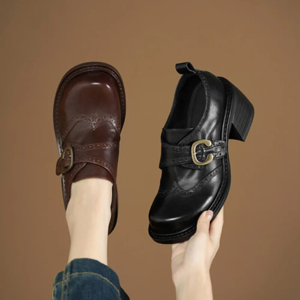 2026 New Spring Women's Loafer Shoes Genuine Leather Round Toe Buckle Strap Chunky Heel for School & Party Daily Wear