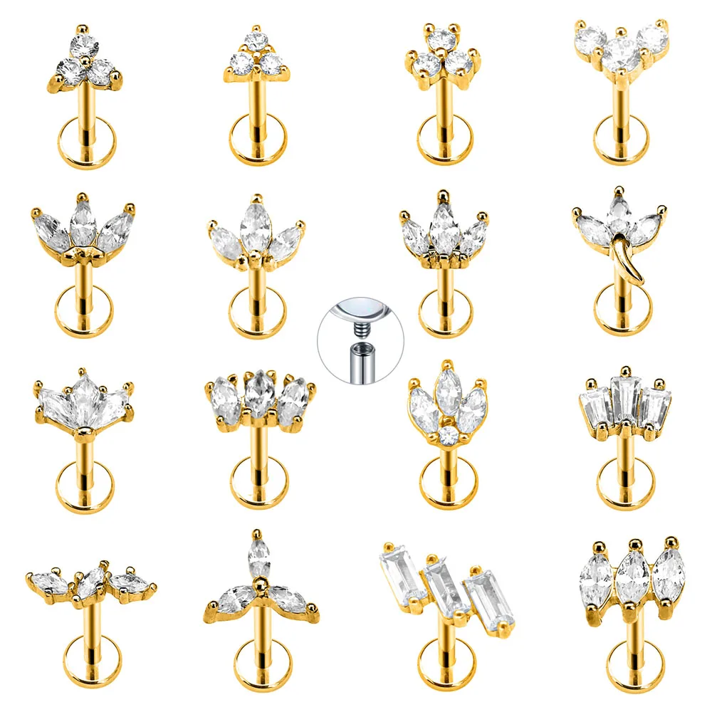 

Flower Leaf Branch Petals Internal Thread Labret Piercing CZ Daith Conch Tragus Earring Lip Monroe Medusa Jewelry 16G