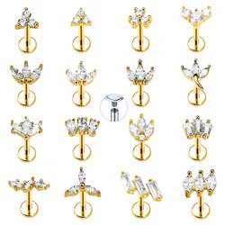 Flower Leaf Branch Petals Internal Thread Labret Piercing CZ Daith Conch Tragus Earring Lip Monroe Medusa Jewelry 16G
