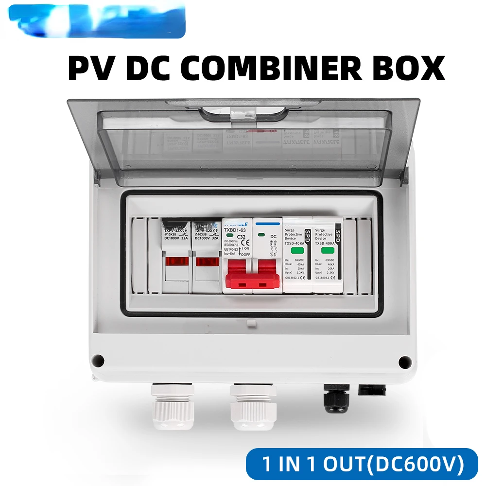 Solar photovoltaic DC combiner box Surge lightning protection 1 input 1 output DC 600V fuse MCB SPD HT waterproof box IP65