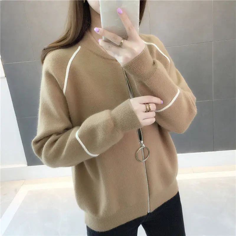 Sweaters Casual Fashion Loose Solid Color Cardigan Zipper Patchwork Long Sleeve Vintage O-neck Winter Knitting Women\'s Clothing