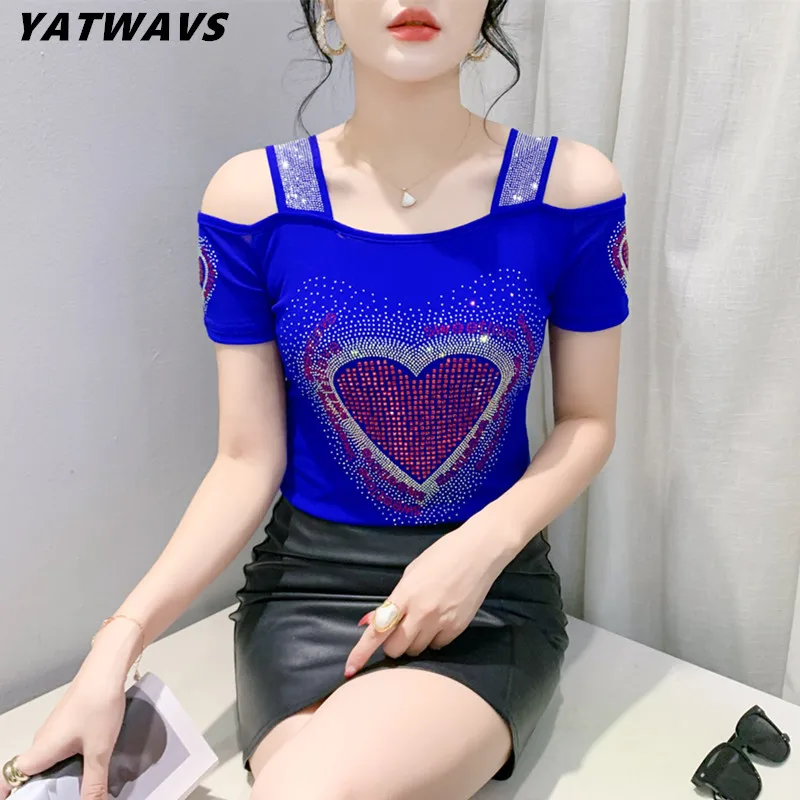 New 2024 Summer Short Sleeved Women\'s T-Shirt Elegant Slim Shiny Love Heart Diamonds Mesh Tops Chic Girl Sexy Off Shoulder Tees