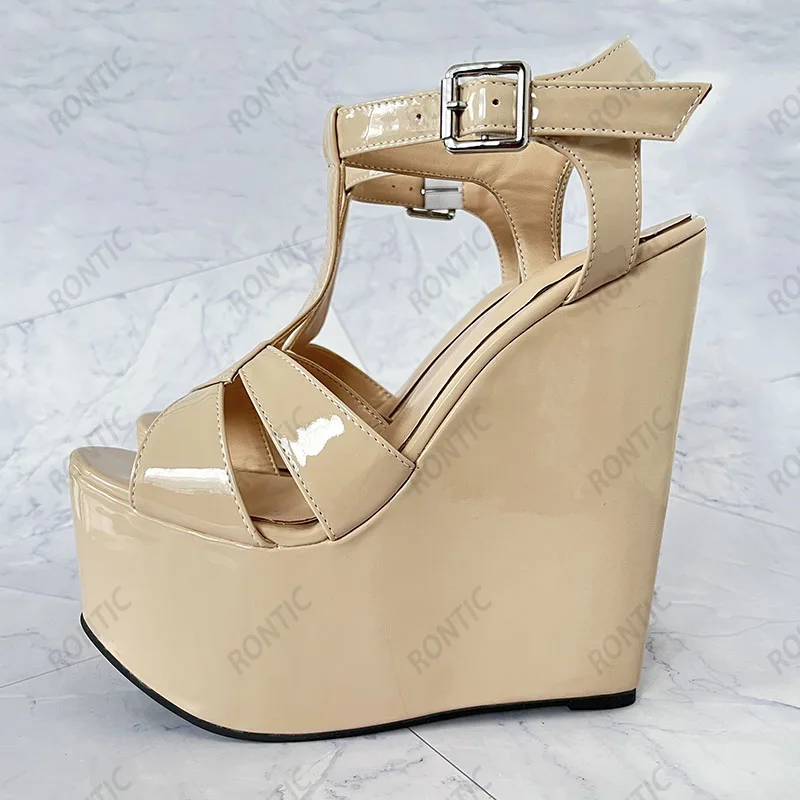 Rontic New Women Summer Platform T-strap Sandals Wedges High Heels Round Toe Beautiful Beige White Party Shoes US Plus Size 5-15