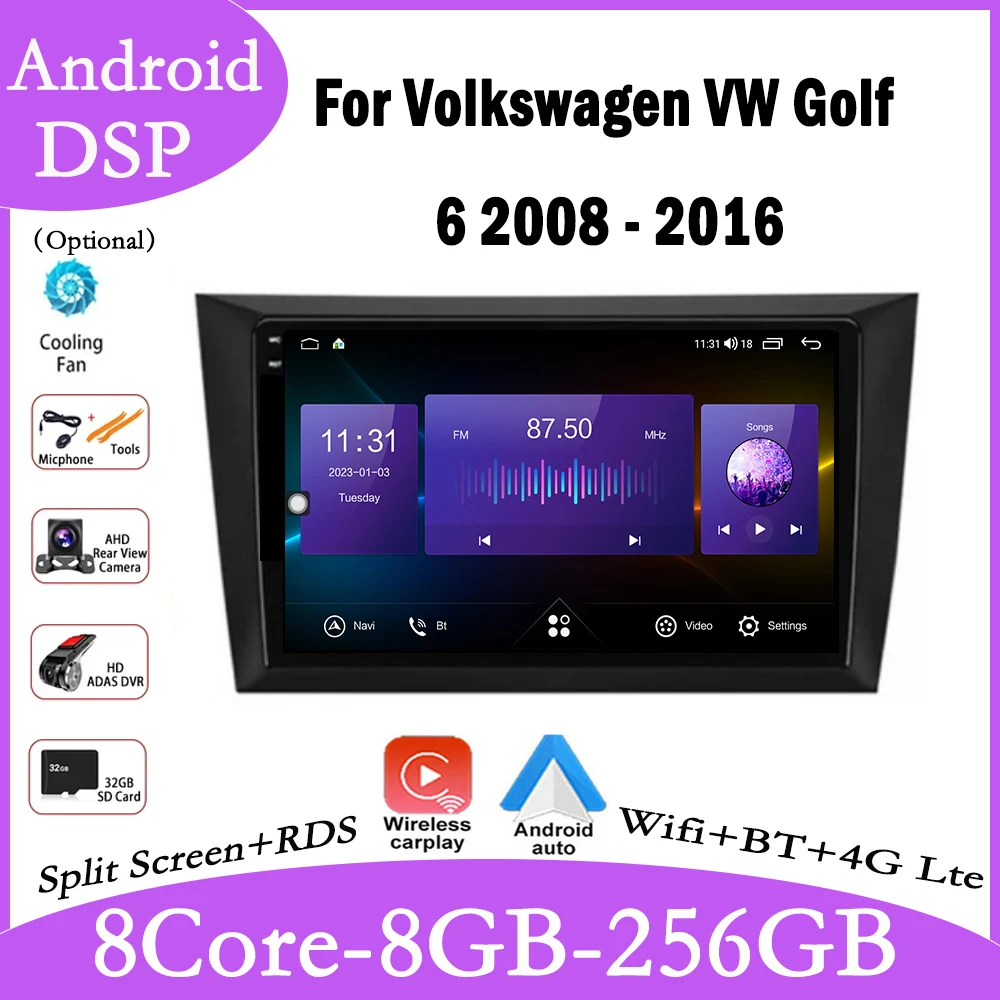 Android 14 For Volkswagen VW Golf 6 2008 - 2016 Car Radio Carplay Auto Multimedia Stereo Video Player GPS Navigation QLED 4G DSP