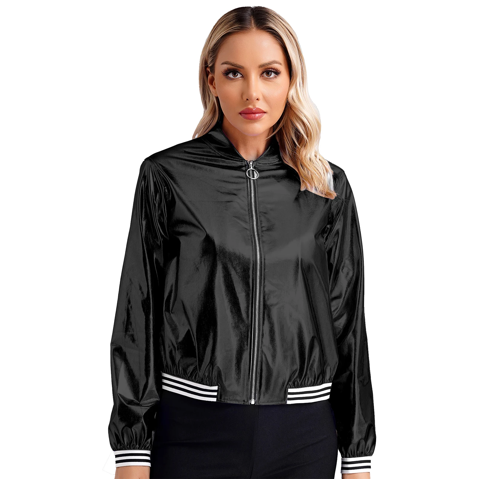 

Womens Baseball Jackets Spring Autumn Holographic Metallic Bomber Jacket Coat Long Sleeve Striped Band Outerwear Streetwear