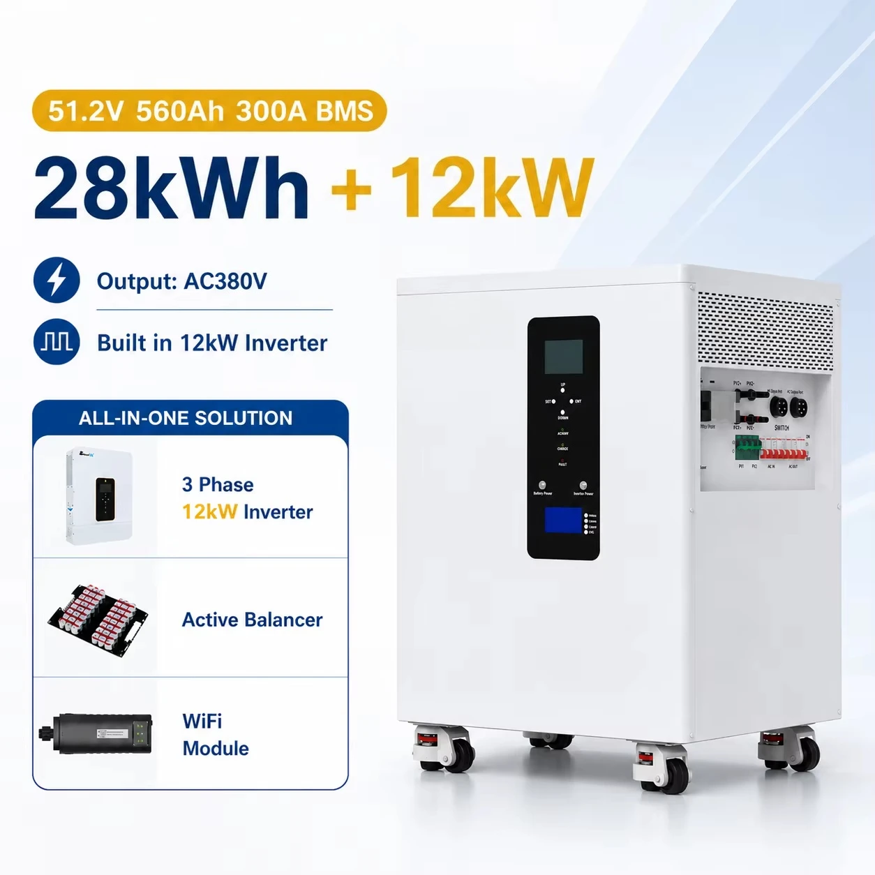 51.2v 28kWh 560Ah Built in 12kW Inverter 3 Phase 220v/380v All in One +Active Balancer+WiFi Module+DDP