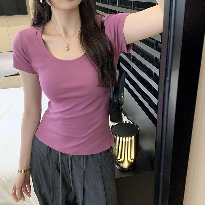 تي شيرت قطني غير رسمي صيفي لعام 2025 للنساء تي شيرت بأكمام قصيرة ملابس نسائية عصرية ضيقة أساسية برقبة دائرية Y2K تي شيرت نسائي #3
