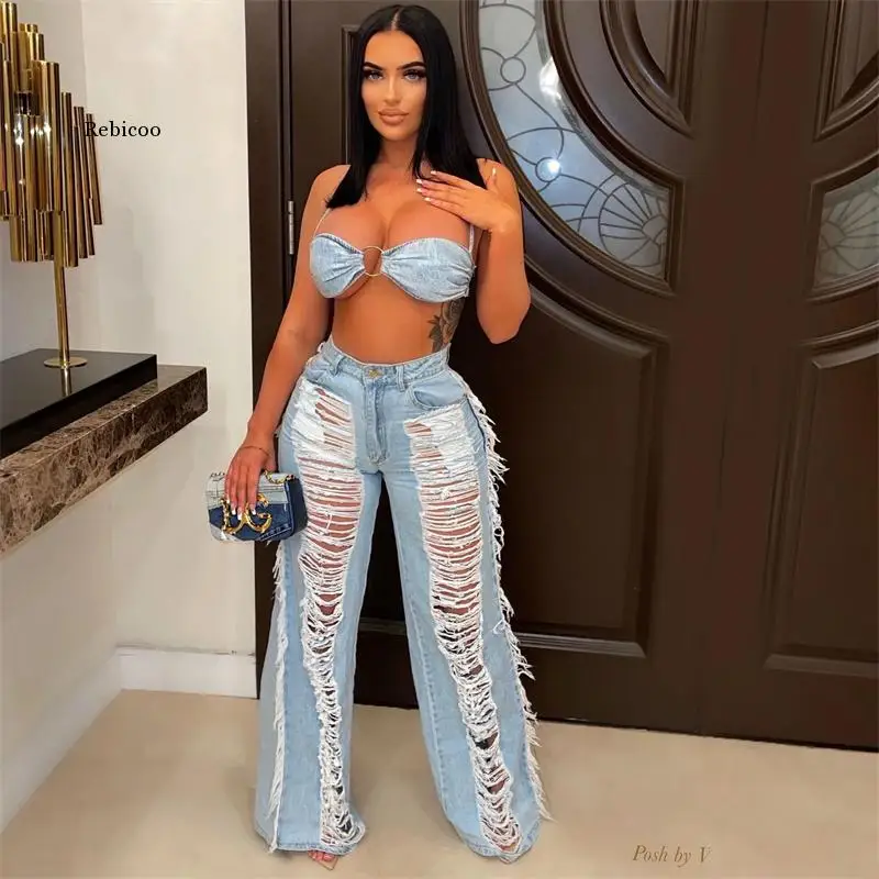 Jeans Two Piece Set Women Sexy Lace Up Bra Top Hollow Out Distressed Tassel Wide Leg Pants Fashion Streetwear Suit