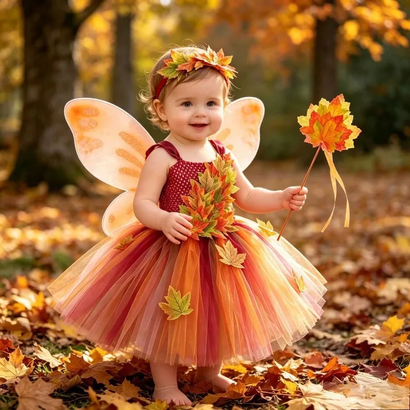 Autumn Maple Leaf Design Girls Tulle Tutu Dress, Mesh Princess Dress, Performance Clothes for Children's Day and Halloween Party
