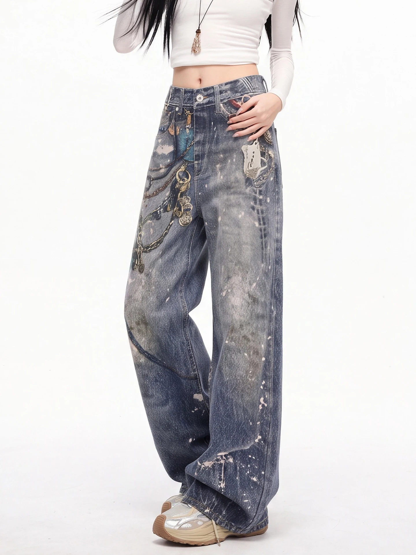 Washed Blue Wide Leg Jeans Women's High Waist Floor Length Slimming Denim Jeans Casual Straight Leg Cotton Blend Zipper Fly