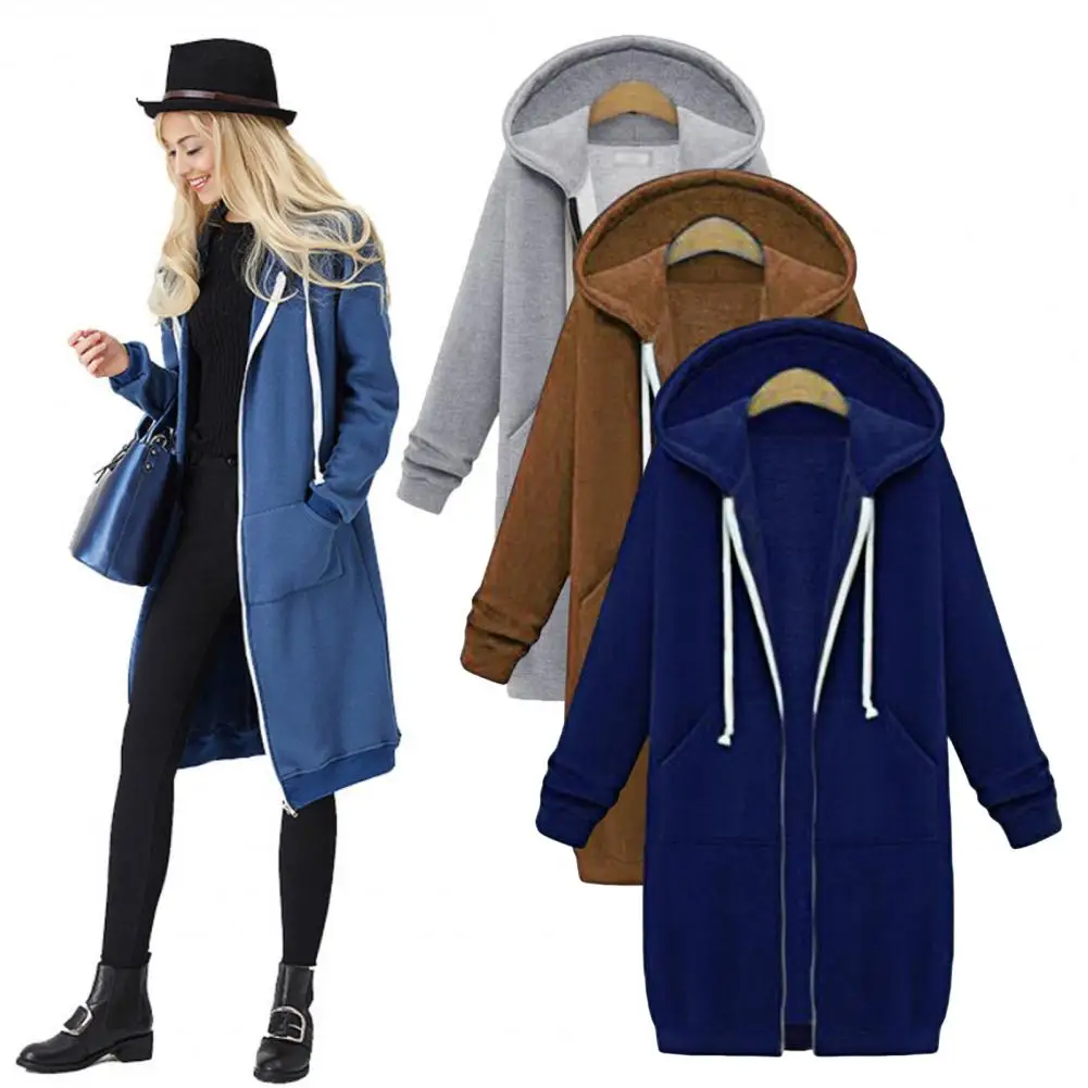 Winter Hooded Jacket Women’s Hooded Sweatshirt Coat with Adjustable Drawstring Long Sleeve Mid-length Outerwear Solid Color