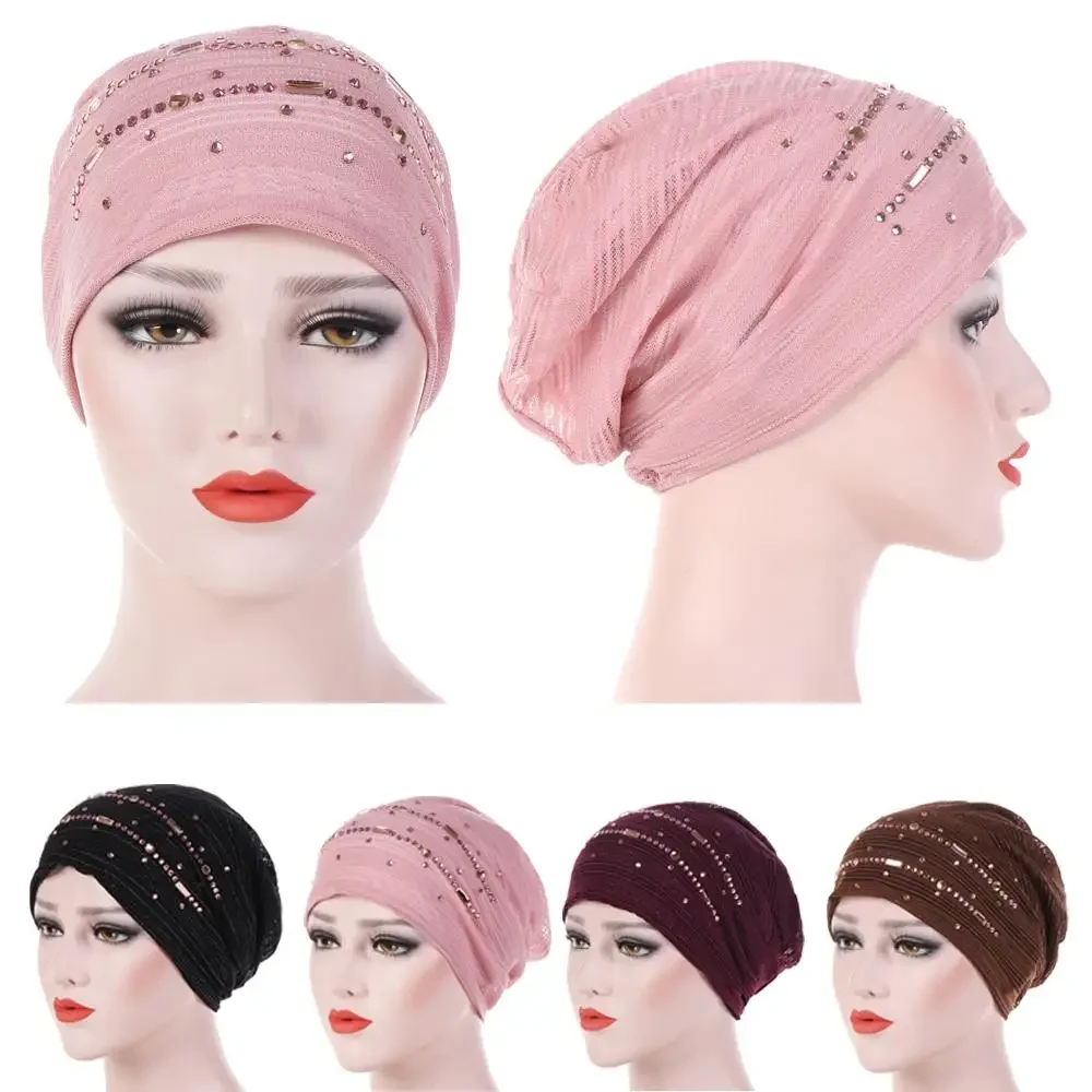 1PC Solid Fashion Women Beading India Hat Islamic Lace Turban Elastic Muslim Hat Chemo Cap Headwrap Soft Sleeping Hat Beanie New