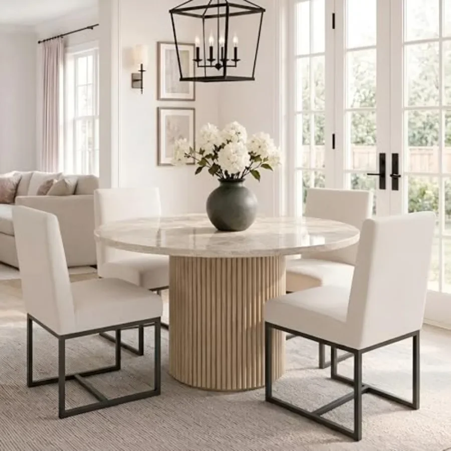 Modern Dining Chairs Set of 4, Linen Upholstered, Cream, Ergonomic Back Support Sturdy Metal Frame for Home Kitchen Apartment U