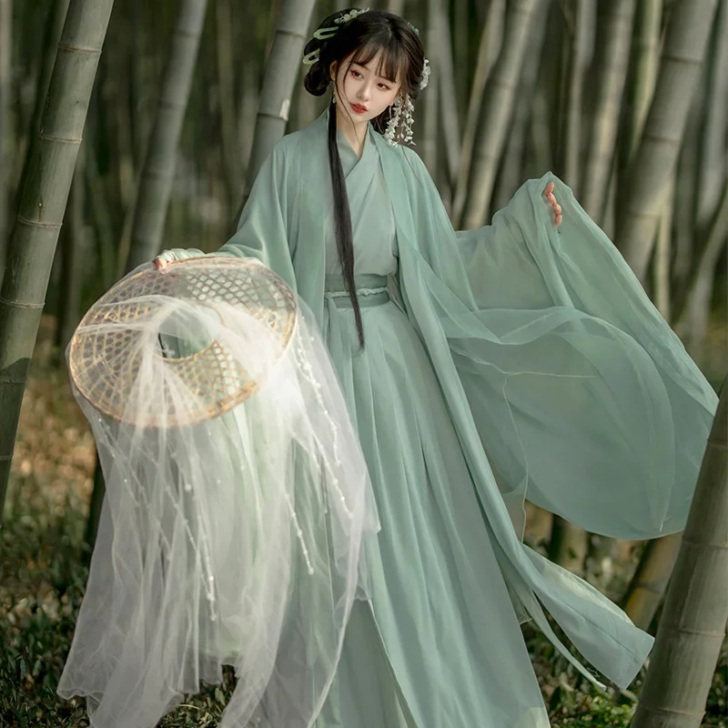 Hanfu Women Cross Collar Waist-length Skirt Summer Suit Chinese Style Hanfu Dress Chinese Traditional Fairy Green Skirt Costume