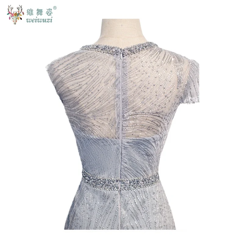 Prata cinza elegante lantejoulas até o chão sereia vestido de noite personalizado luxo frisado em torno do pescoço vestido de noite apertado