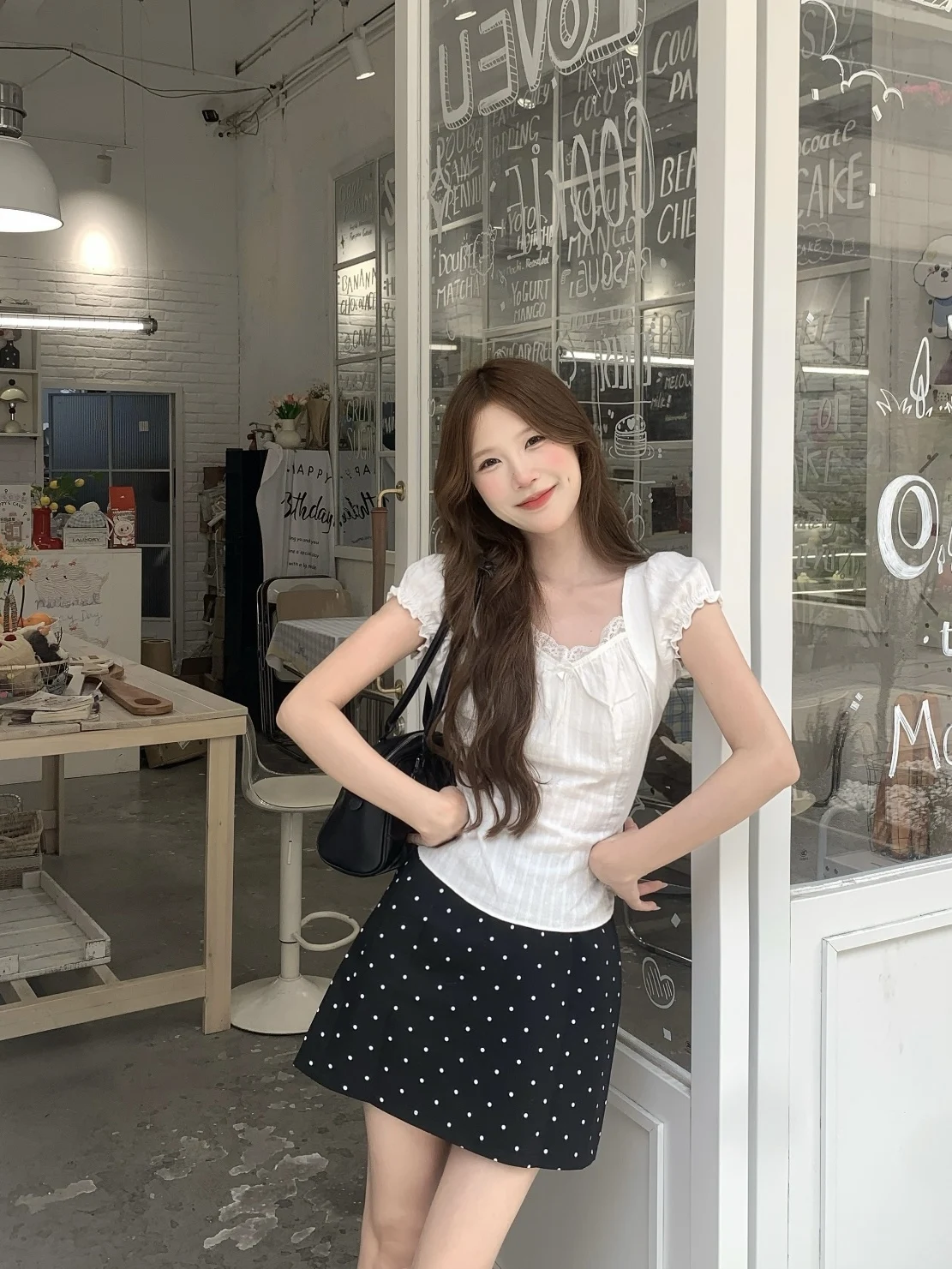 

Kumikumi Spicy Girl Style Color Lace Trim Bubble Sleeve T-Shirt Women Summer Anti-Aging Polka Dot A-Line Skirt Two-Piec...