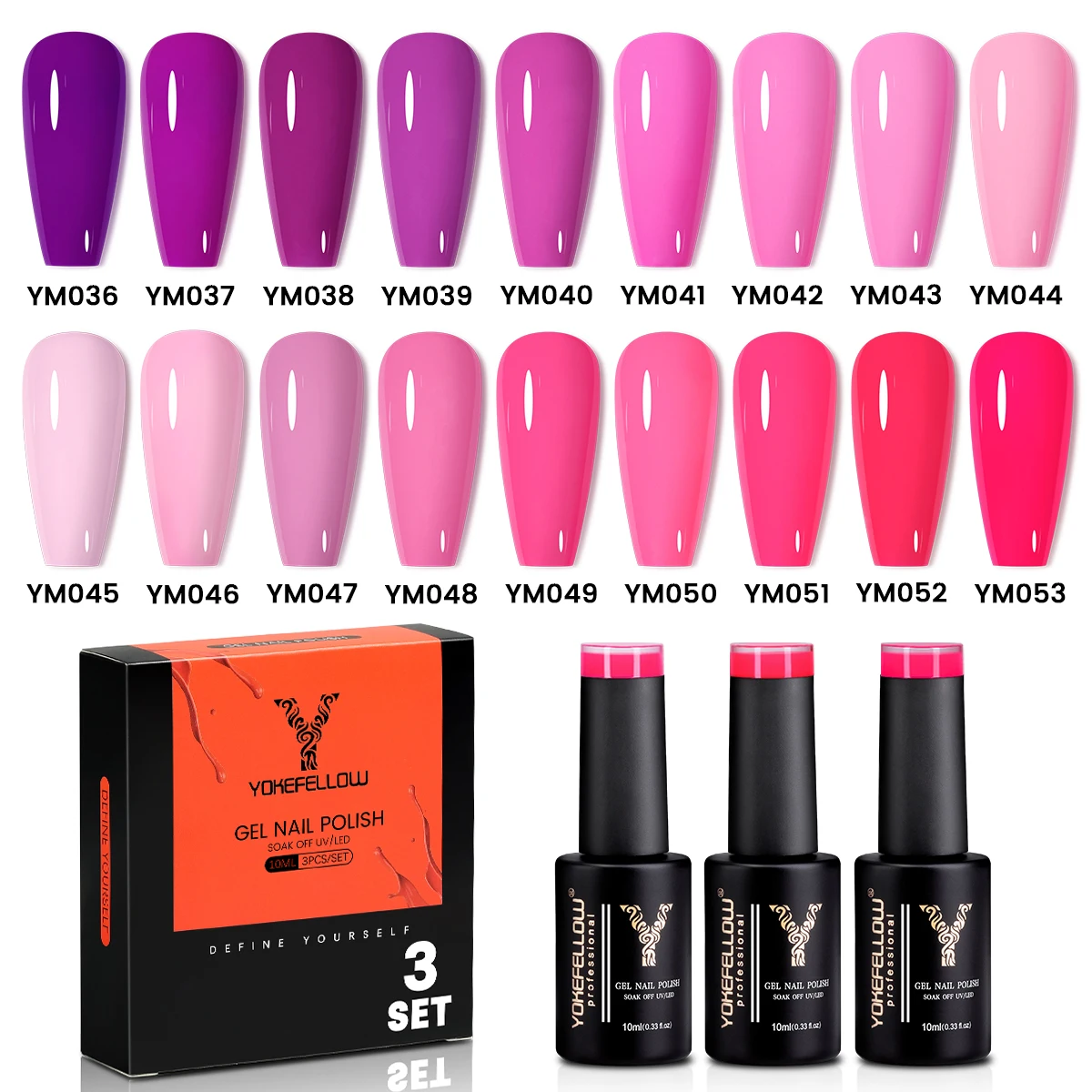 YOKEFELLOW Zestaw gorących różowych lakierów żelowych do paznokci 3 PCS Neon Light Bright Baby Pink Soak Off Gel Polish do salonu i zdobienia