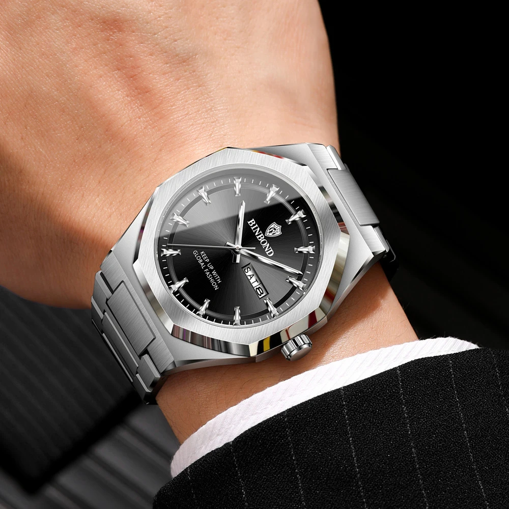 BINBOND Orologi da uomo 860 Acciaio pregiato Tendenza moda Orologio al quarzo originale per uomo Impermeabile Luminoso Data Settimana Quadrante grande reloj