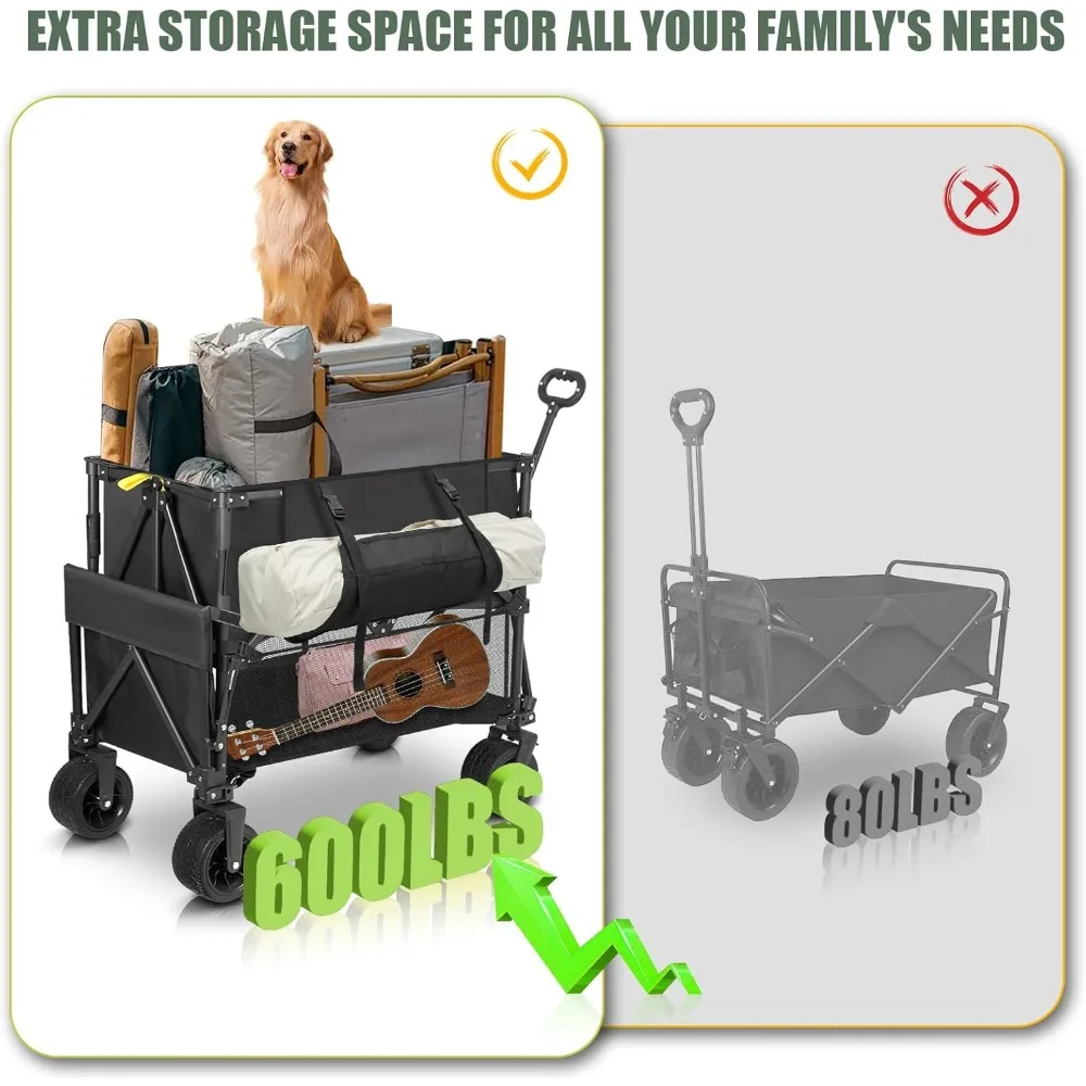 Heavy-Duty Collapsible Utility Cart with Large Wheels for Outdoor Adventures, Beach, Camping - 600LBS Capacity, 400L Storage