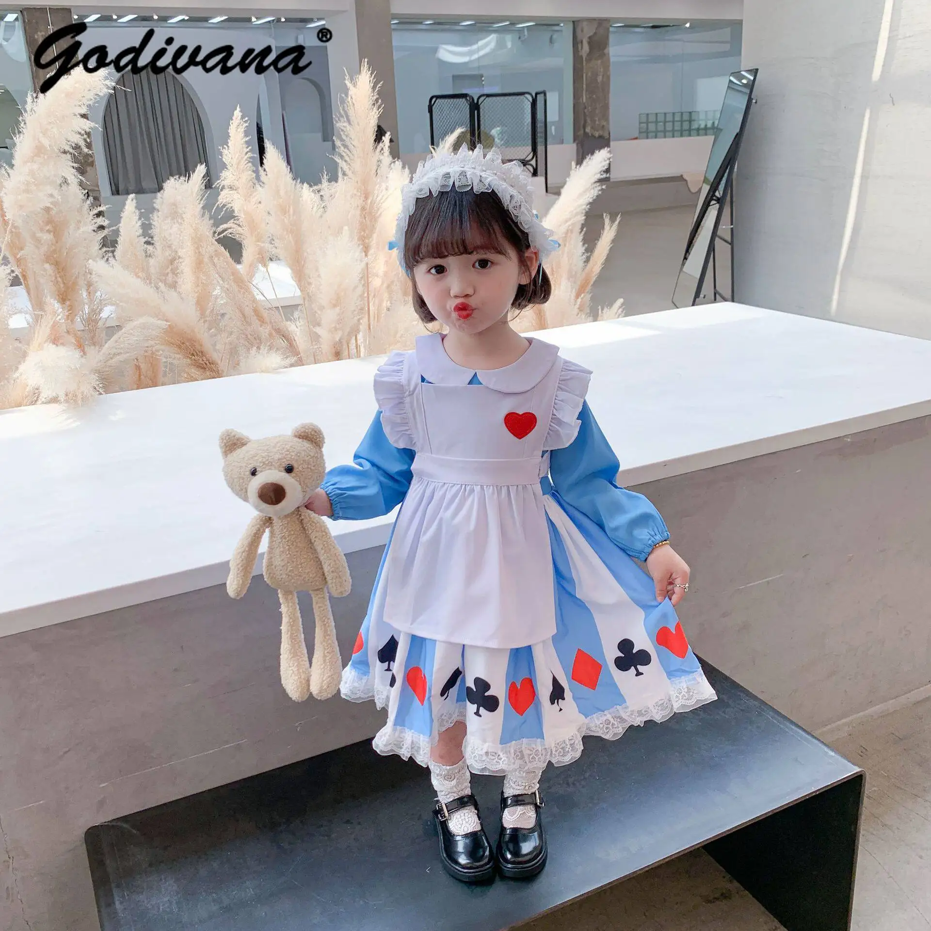 Sweet Baby Girls Spring and Autumn Lolita Princess Dress Kids Cosplay Costume Long Sleeve Doll Collar Lace Mesh Patchwork Gown