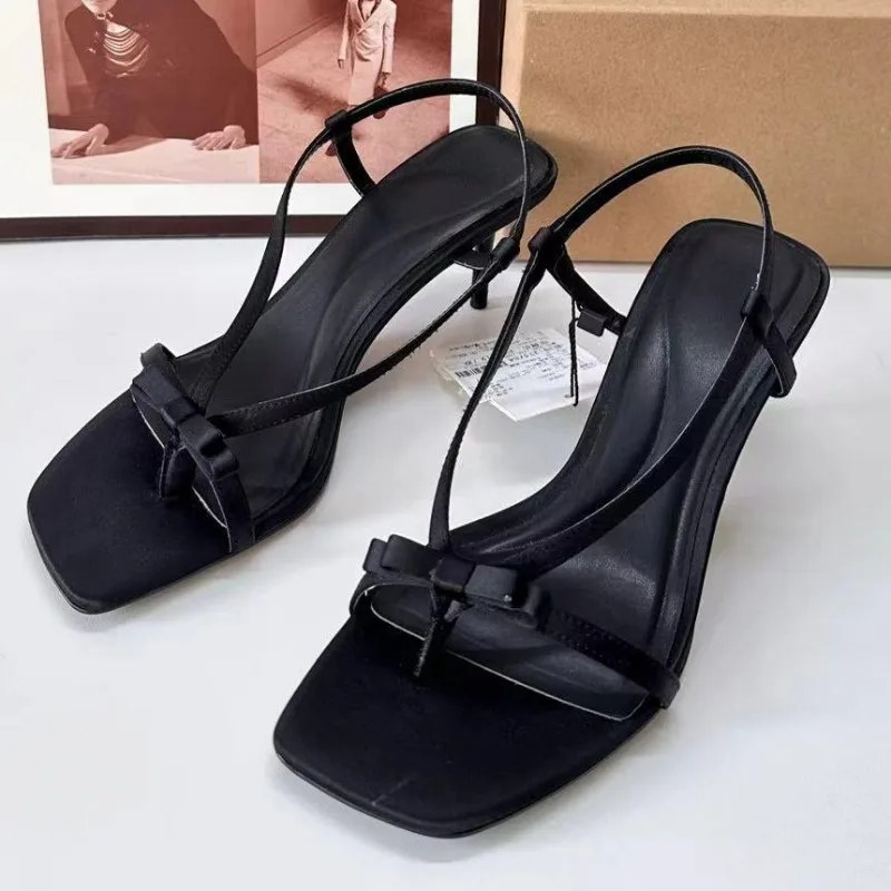 Trendy High Heels Women\'s Sandals 2024 Summer Open Toe Good Quality Black Bow Sexy Luxury Stilettos Leisure Ladies Shoes