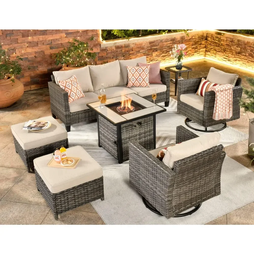 

7 Pieces Patio Furniture Set with Square Fire Pit Table, Swivel Rocking Chairs, Outdoor Conversation Set for Backyard Deck Porch