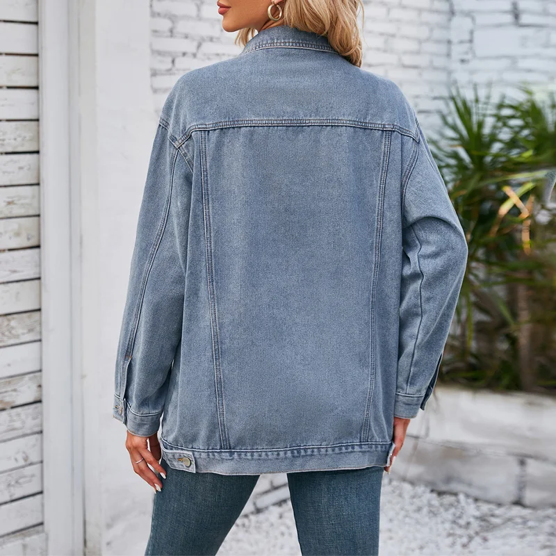 Benuynffy American Casual Denim Jacket Women's Spring Autumn Vintage Long Sleeve Loose Washed Single breasted Jean Coat Female