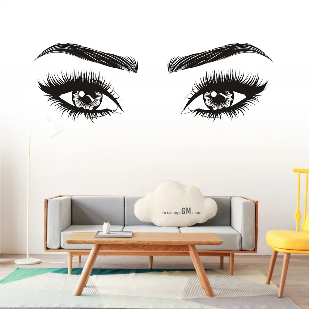 Eyelash Eyes Wall Decal, Black Vinyl Detailed Eyes Stickers for Beauty Salon Bedroom Kids Room Wall Decor