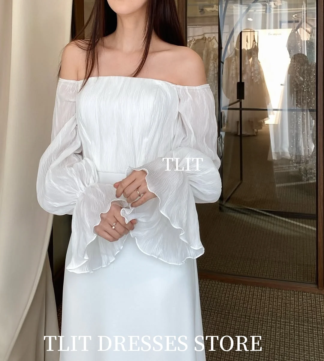 TLIT فساتين سهرة أنيقة بيضاء على شكل حرف A مكونة من قطعتين لالتقاط الصور الكورية مخصصة قبالة الكتف وأكمام طويلة مكشكشة فساتين حفلات