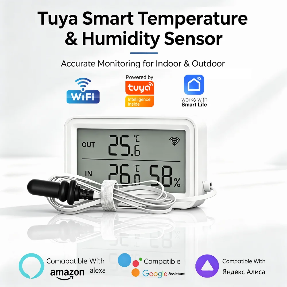 WiFi Tuya Temperatur- und Feuchtigkeitssensor mit externer Sonde, Fernsteuerung über SmartLife, kompatibel mit Alexa und Google Assistant.
