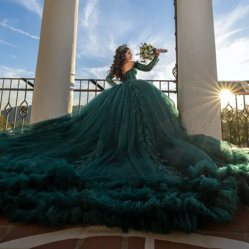 Schwarzgrünes, glänzendes, schulterfreies Quinceanera-Kleid mit Applikationen, Perlen, Tüll, abgestuft, Party, Geburtstag, süßes 16-Kleid, Vestidos 15 De