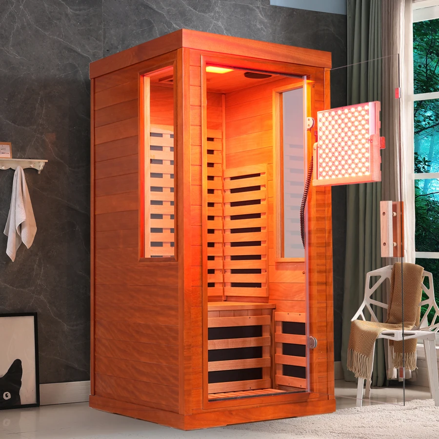

Far infrared sauna front door with red light therapy Low EMFwooden sauna room