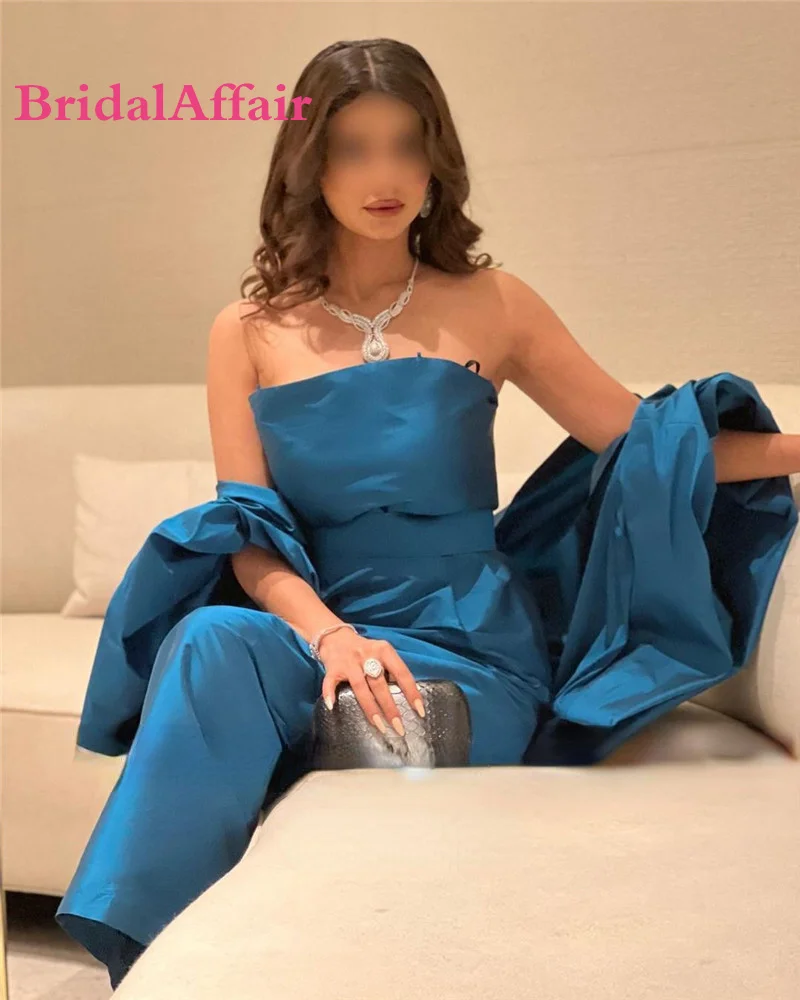 

BridalAffair Blue Taffeta Formal Evening Dress Women Strapless Puff Sleeve Ankle Length Party Dress Saudi Arabic Women Prom Gown