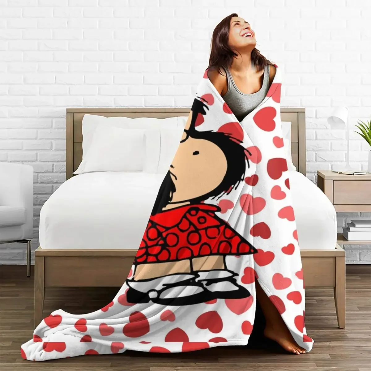 Mafalda Heart Fleece Blankets Amine Cartoon Creative Throw Blankets for Home Hotel Sofa 125*100cm Bedspreads