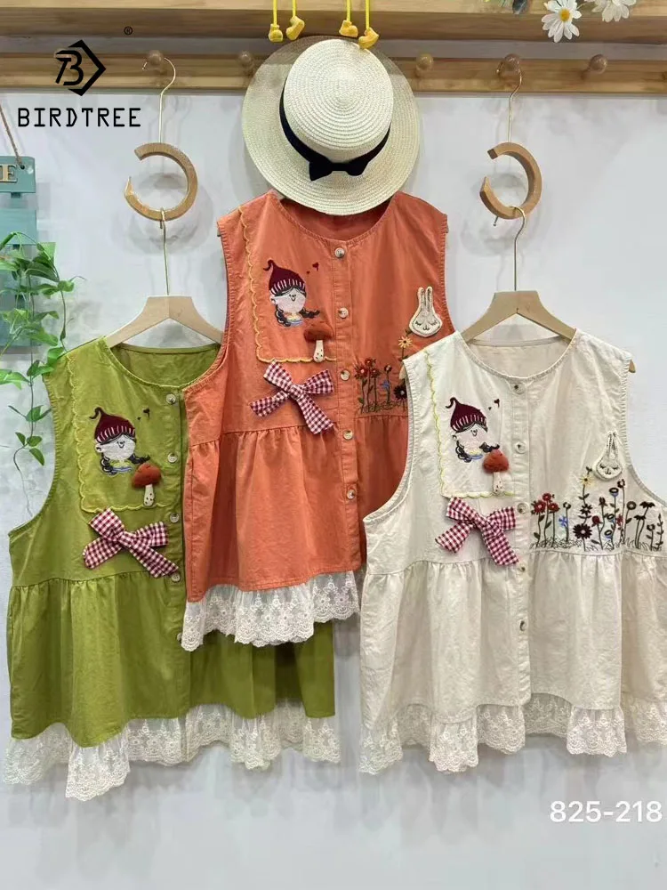 

Новый осенний хлопковый жилет 2025 года, женский кружевной жилет с круглым вырезом и вышивкой и бантом, свободное пальто Mori Girl French Sweet Versatile OL C59276CC