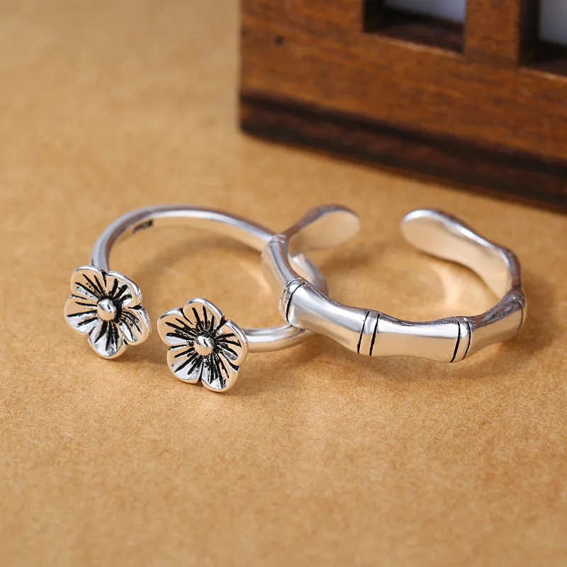 New Retro Personality Couple Creative 925 Sterling Silver Jewelry Plum Flower And Bamboo Opening Rings R343