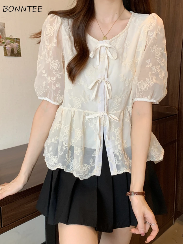 

Floral Shirts Women Loose Casual Streetwear All-match Lace Tops Designed Age-reducing Aesthetic Clothing Korean Fashion Daily