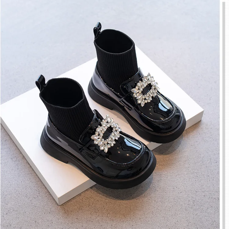 Sock Boots Kids Shoes for Girl Crystal New Fashion Cute Warm Casual Solid Versatile Soft Sweet Lolita Style Girls leather Shoes