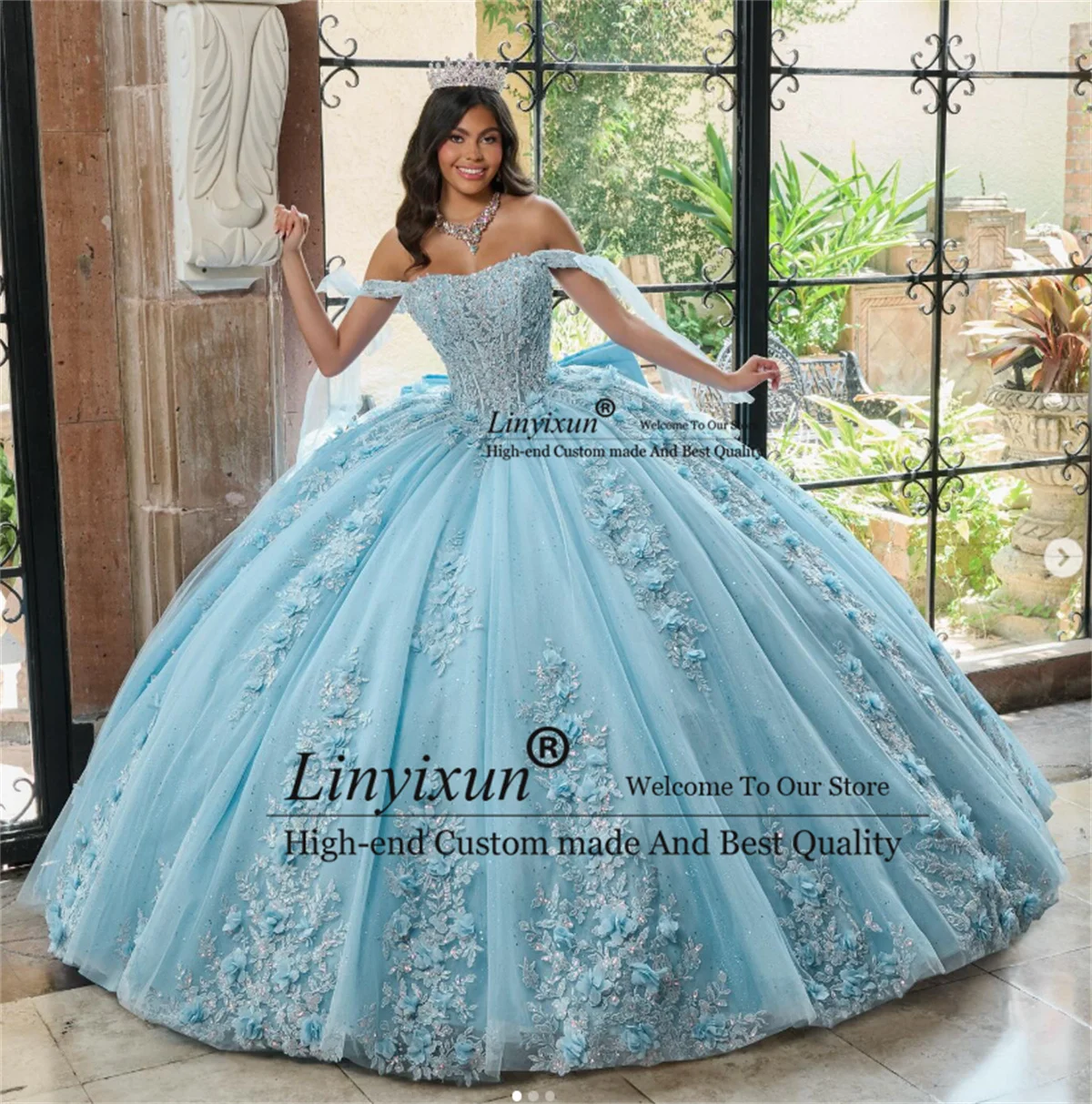 

Princess Ball Gown Quinceanera Dresses 3D Floar Appliques Lace Sweet 15 16 Gown Customized Off Shoulder Vestido De 15 XV Anos
