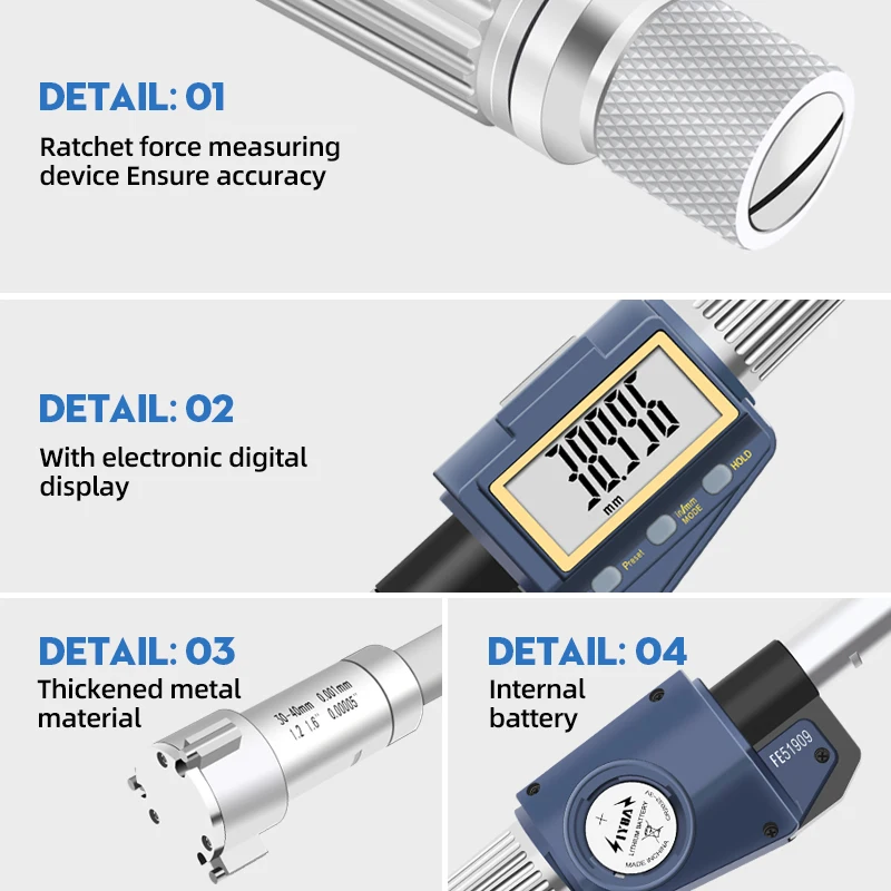 高精度ステンレス鋼デジタル三点式内側マイクロメーター 0.001精度 直径測定