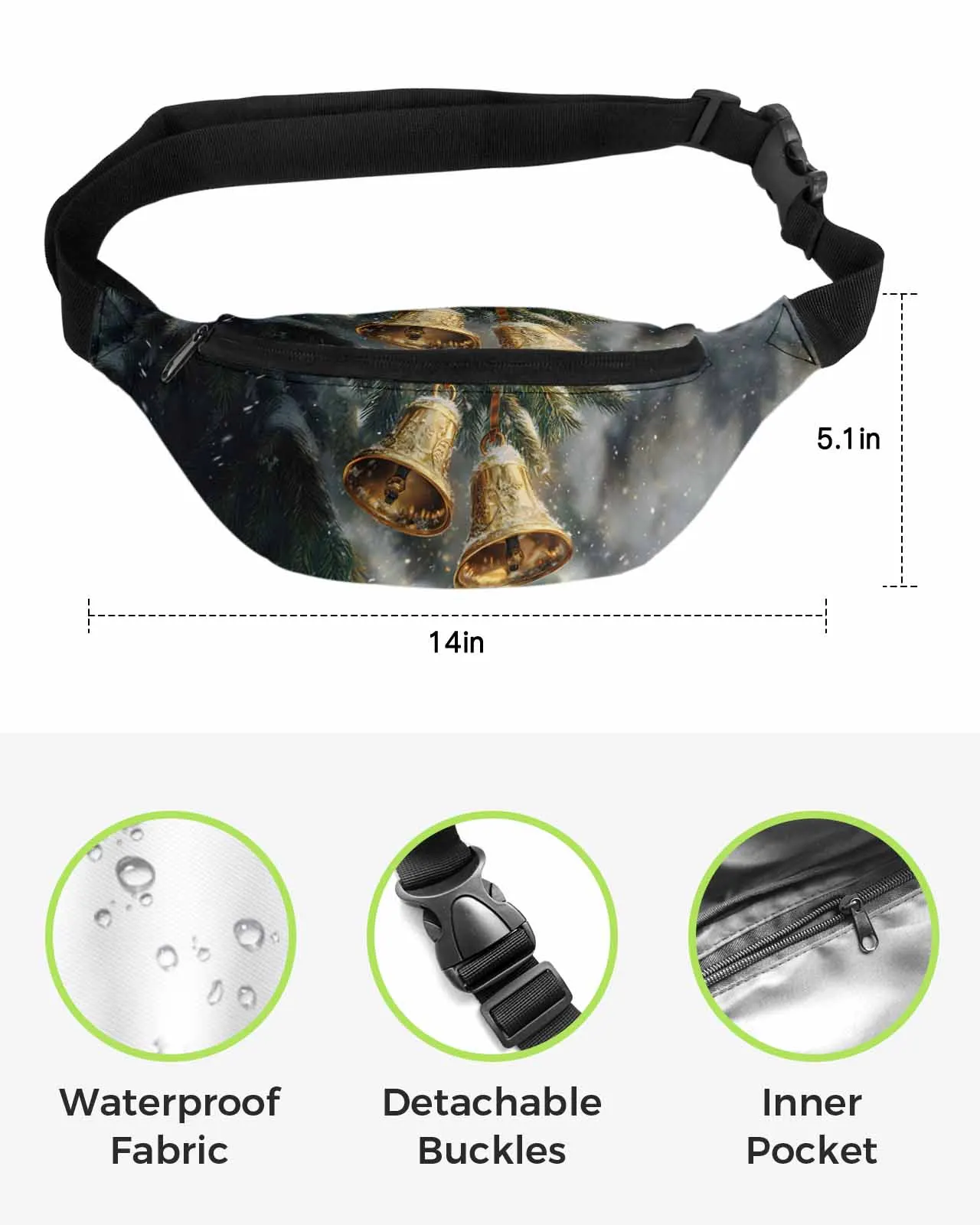 Christmas Pine Tree Snow Bell  Men Women Waist Bag Fanny Pack Phone Belt Bag Wallet Pouch Waterproof Banana Hip Bags