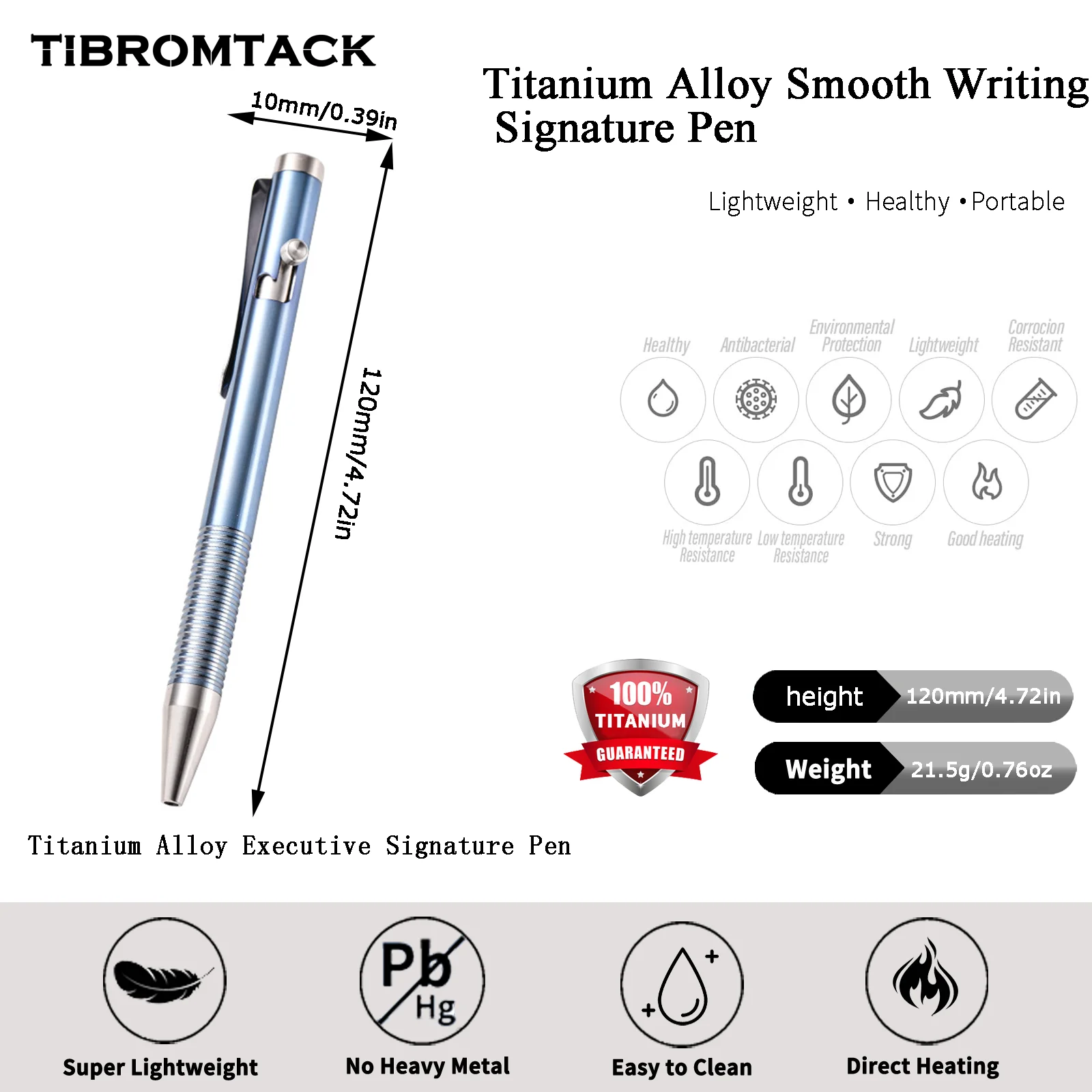 TIBROMTACK Pure Titanium Bolt Action Pen - 12cm Lightweight 21.5g Metal Alloy Writing Instrument | Steel-Strength Tactical Pen f