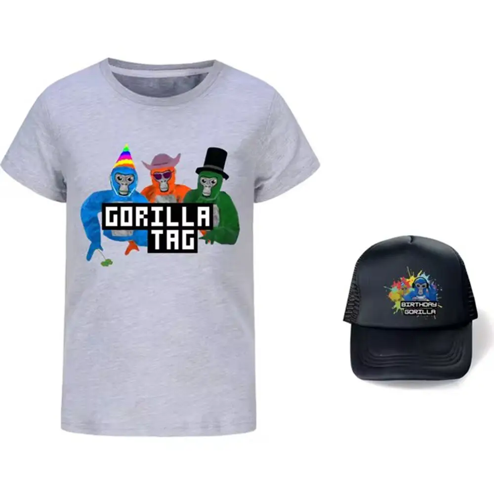 Camiseta con etiqueta de gorila para niños, camisetas Kawaii y sombrero para el sol, trajes de 2 uds., camisetas de manga corta de verano para niñas, ropa informal para adolescentes y niños