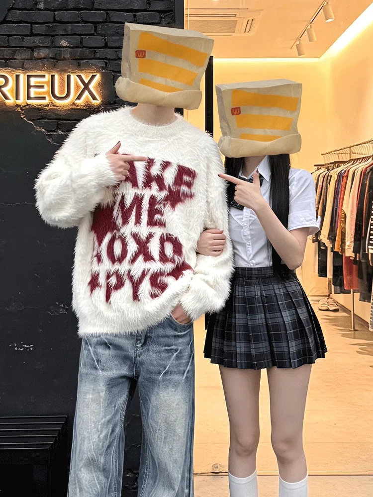 

Мягкий вязаный свитер с принтом из мутоновой шерсти для мужчин, свободный крой, осенне-зимний, кашемировая базовая рубашка, удобный повседневный модный вариант