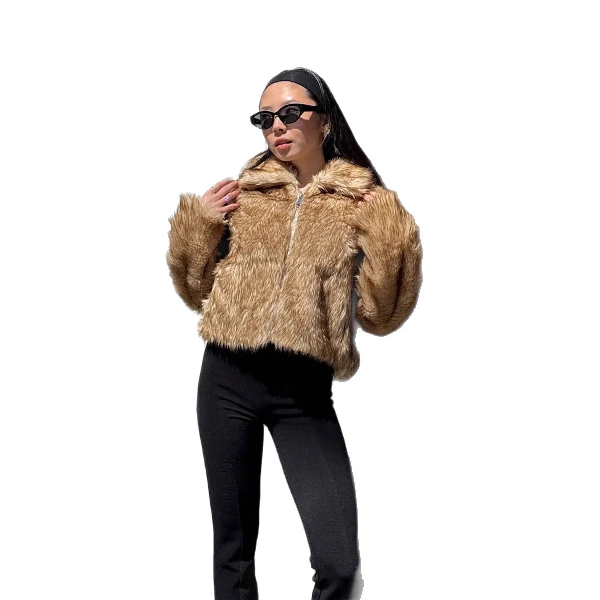Cross-border women's clothing  short jacket square collar environmentally friendly fur coat autumn and winter zipper fur top
