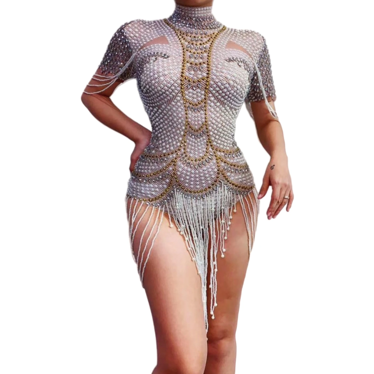 Xiangya-body de fiesta con perlas y diamantes de imitación para mujer, leotardo elástico con flecos de cristal, traje de baile, ropa de actuación