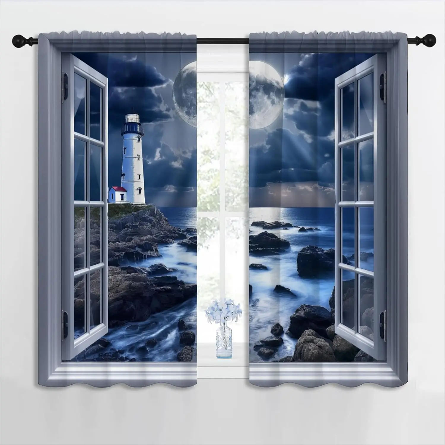 Nautical Lighthouse Blackout Curtains for Boys Girl Bedroom Home Decor, Moon Ocean Clouds Reef Night View Thermal Insulated Rod